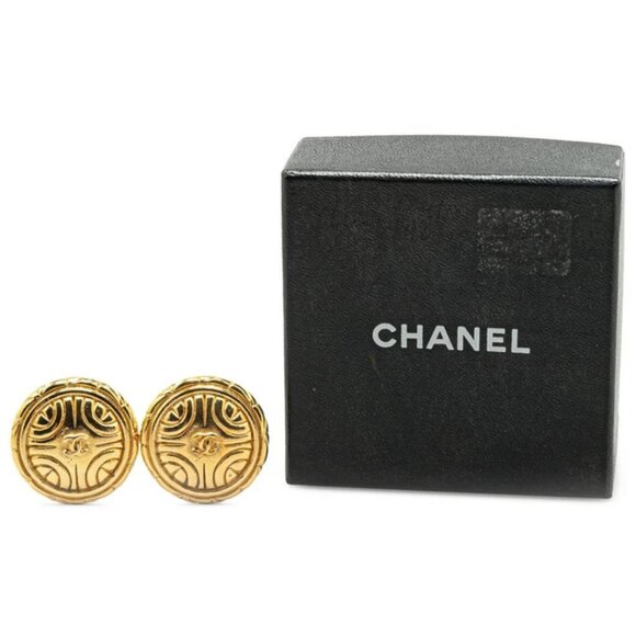 CHANEL CC Logos Round Vintage Clip-On Earrings Gold Tone Auth w/Box #7701 - Picture 4 of 4